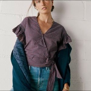 NWT Madewell plaid wrap top with glitter sleeves size XXS